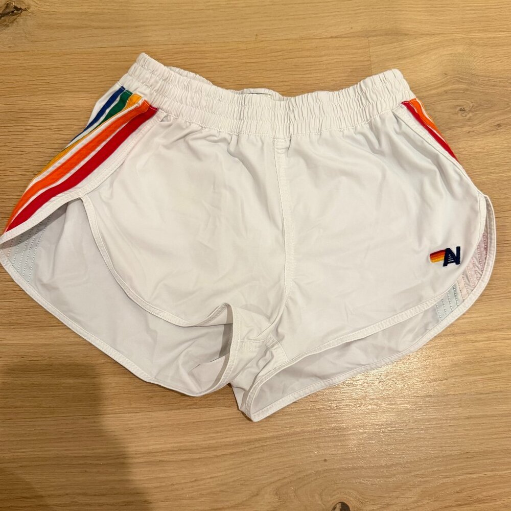 Aviator Nation White Shorts with Rainbow Side Stripes